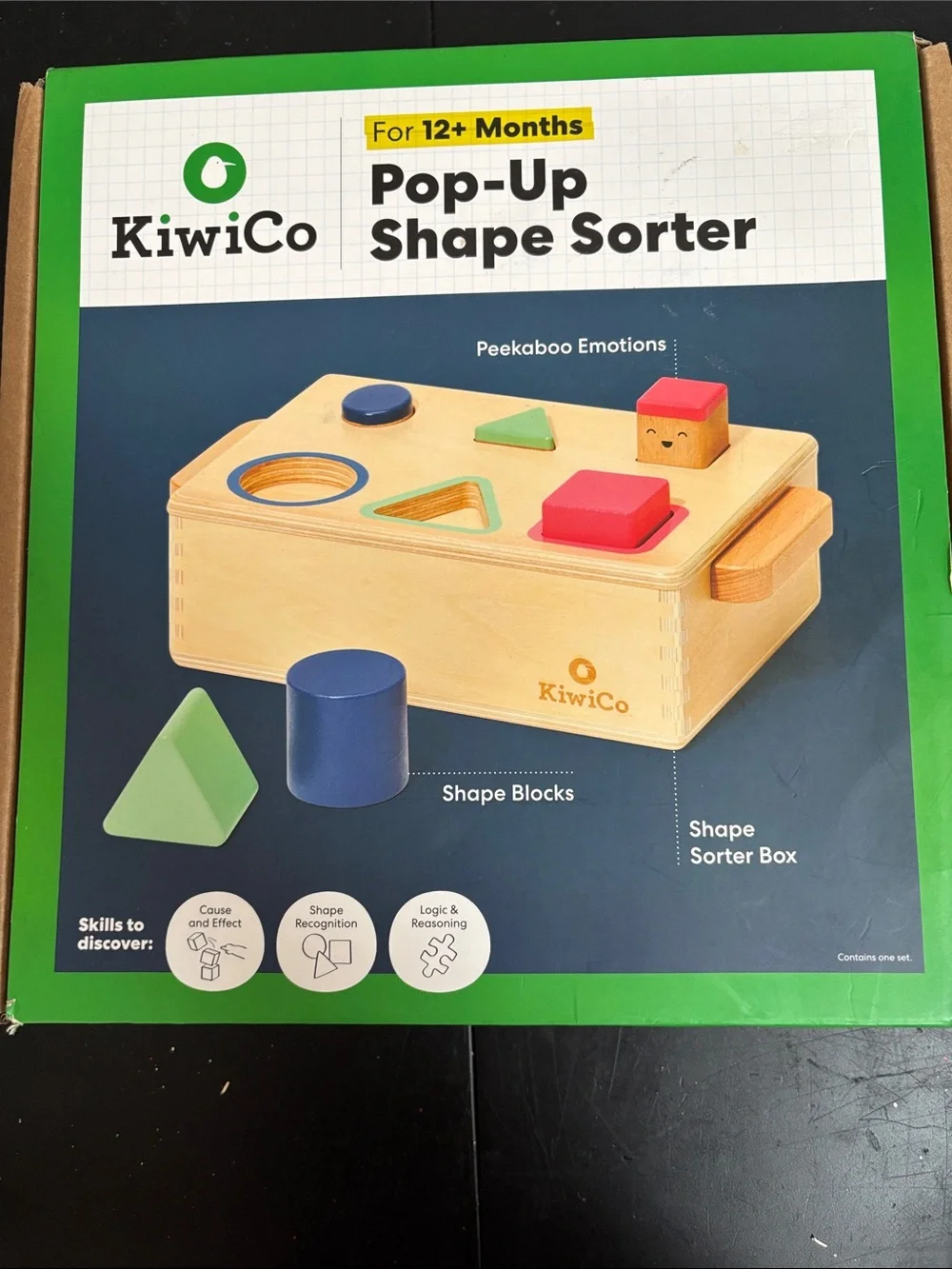 KiwiCo Wooden Pop-Up Shape Sorter Toy - Blue, Green, Pink, Natural